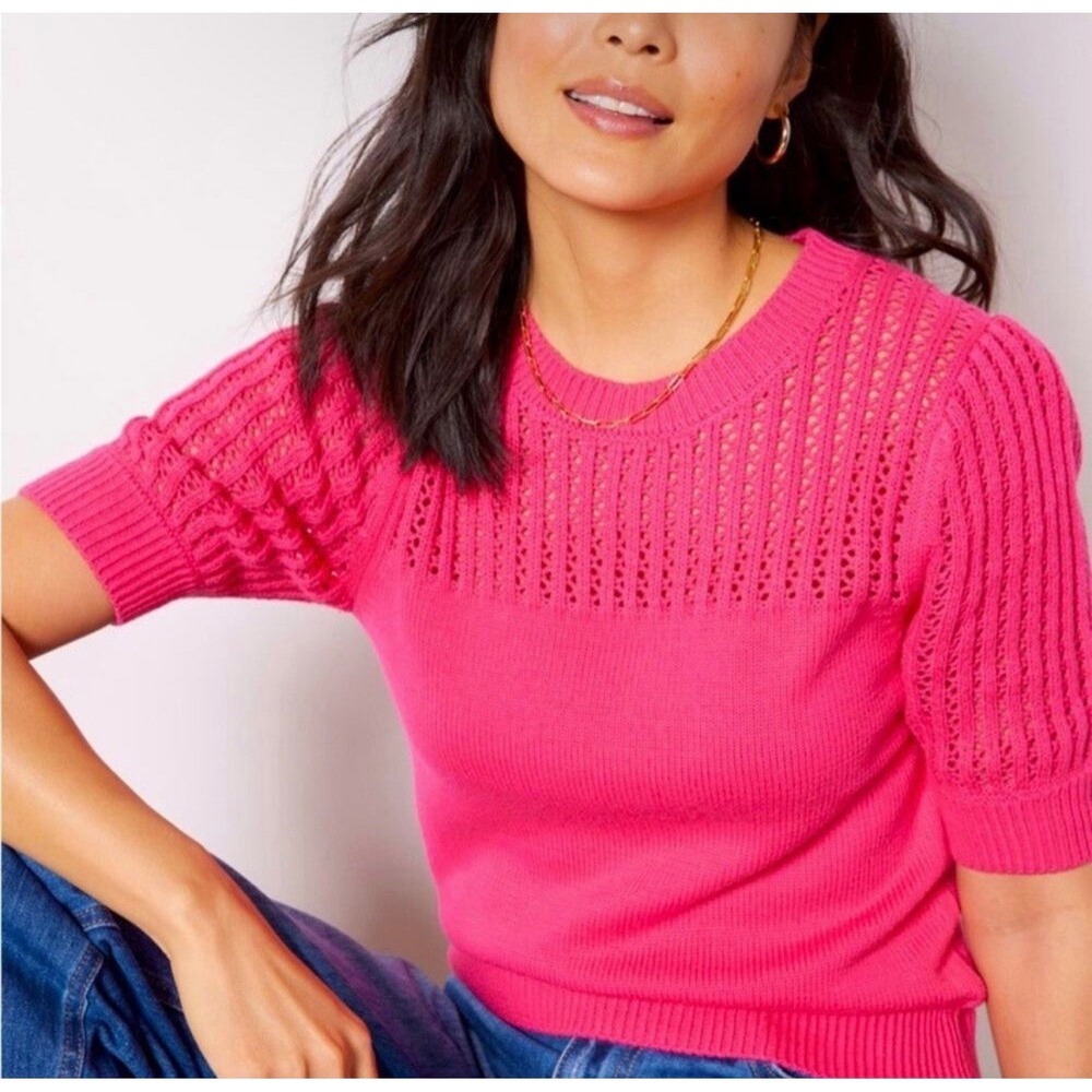 Evereve Remy Crochet Pullover Sweater Short Sleeve Womens XS Pink Cotton